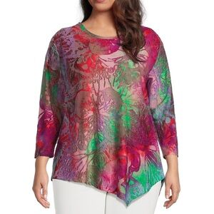 Calessa Tunic Top Women 1X Asymmetrical Hem Paisley Burnout Knit Artsy Fairycore